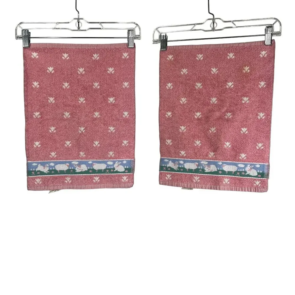 Vintage Towel Set Cottagecore Utica Cotton Sheep Rabbit Pink Fairy Kei